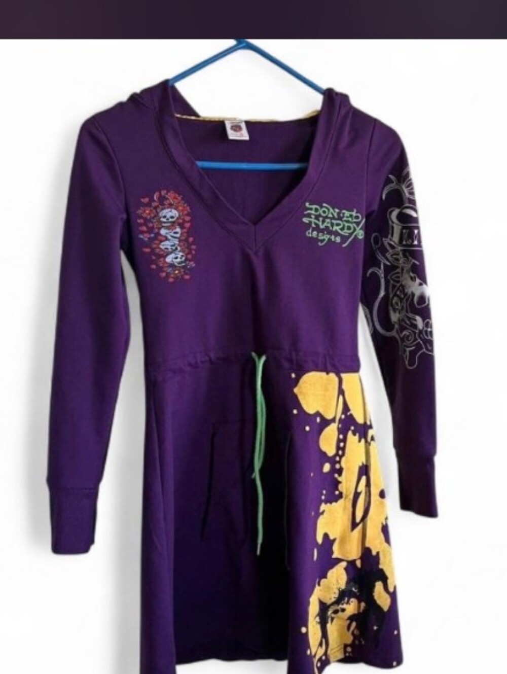 Authentic Ed Hardy Purple Hooded Dress💜with Yellow Graphic✨☠️🏴☠️